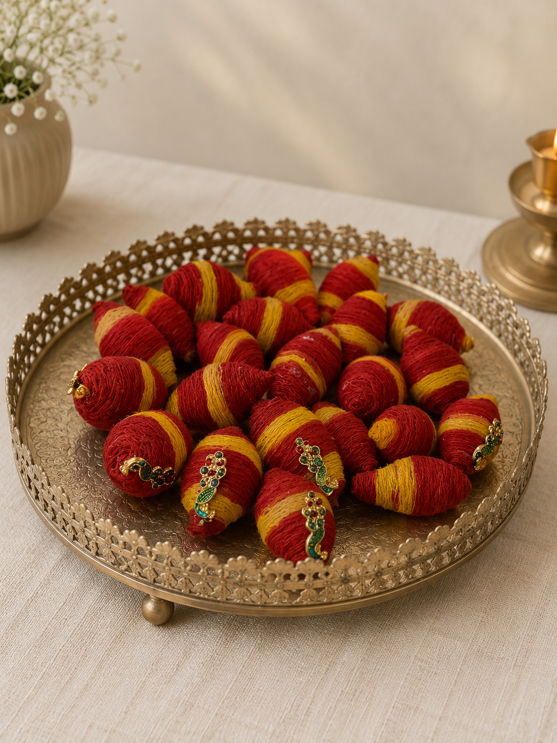Red and yellow ceremonial gifts displayed on an engraved metal platter
