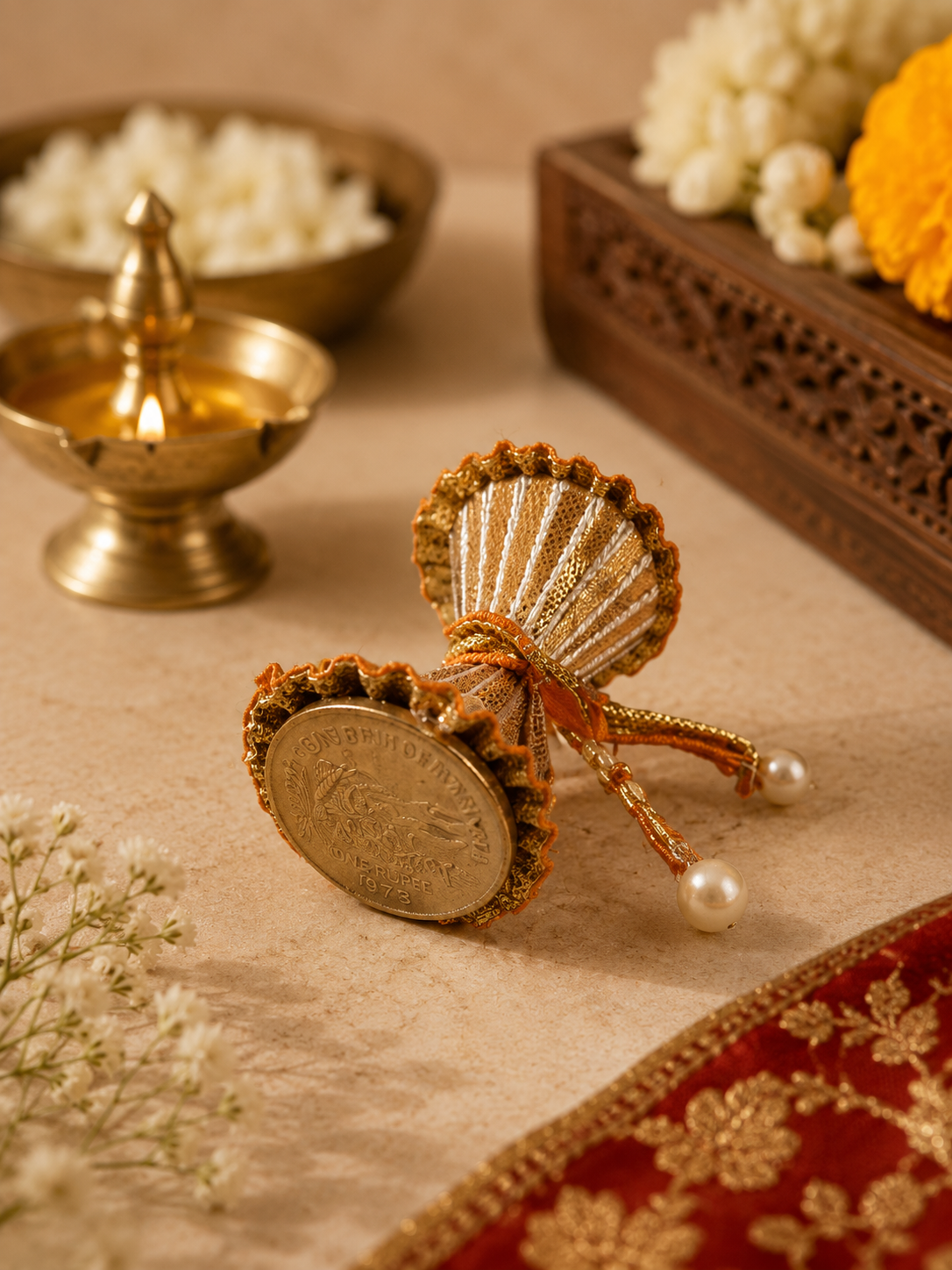 Traditional coin gifts with fabric detailing in a festive setting