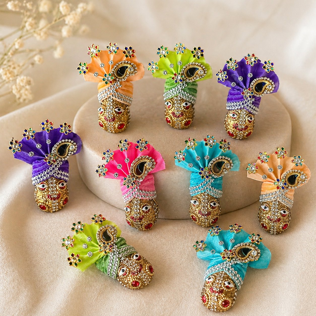 Colourful handcrafted devotional miniatures arranged for festive gifting