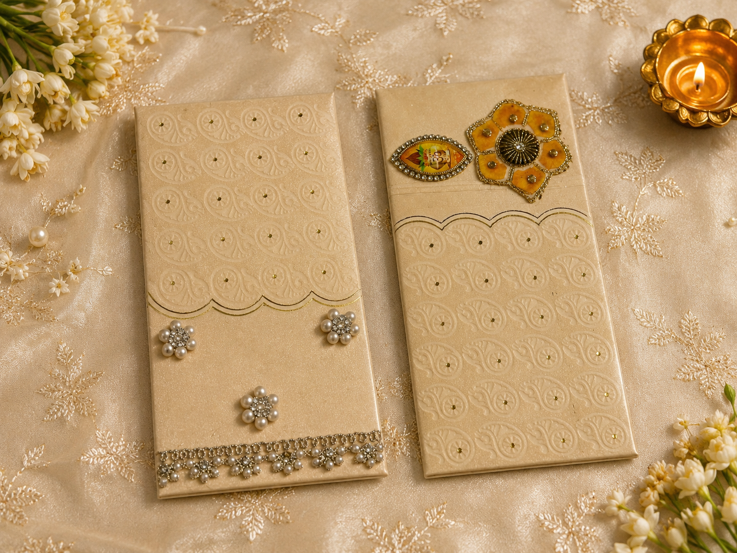 Pair of embellished cream festive gifting envelopes styled with flowers and a diya