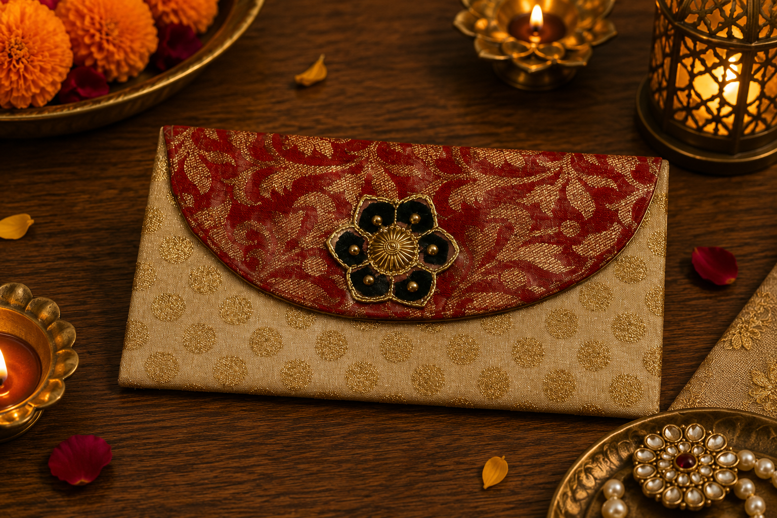 Red and gold handcrafted shagun envelope in a warm festive setting