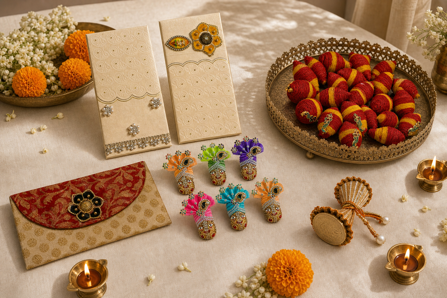 Festive gifting table arranged with handcrafted envelopes, devotional accents and ceremonial coin gifts