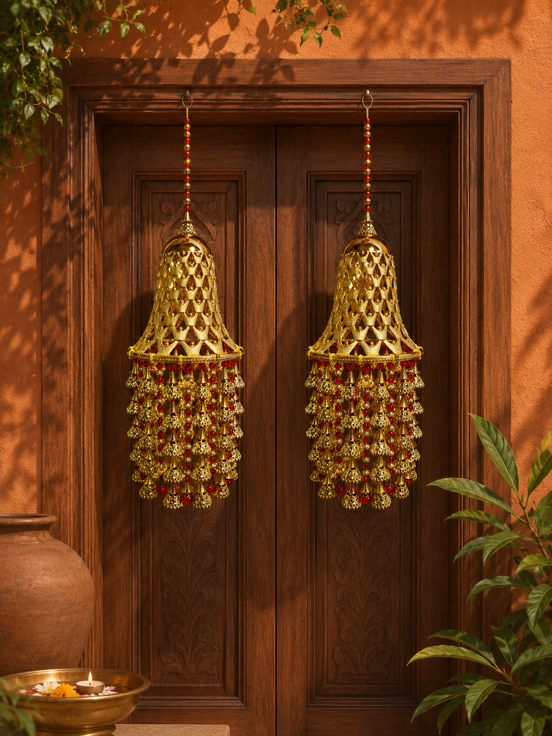Pair of handcrafted gold and red door hangings on a carved wooden entrance