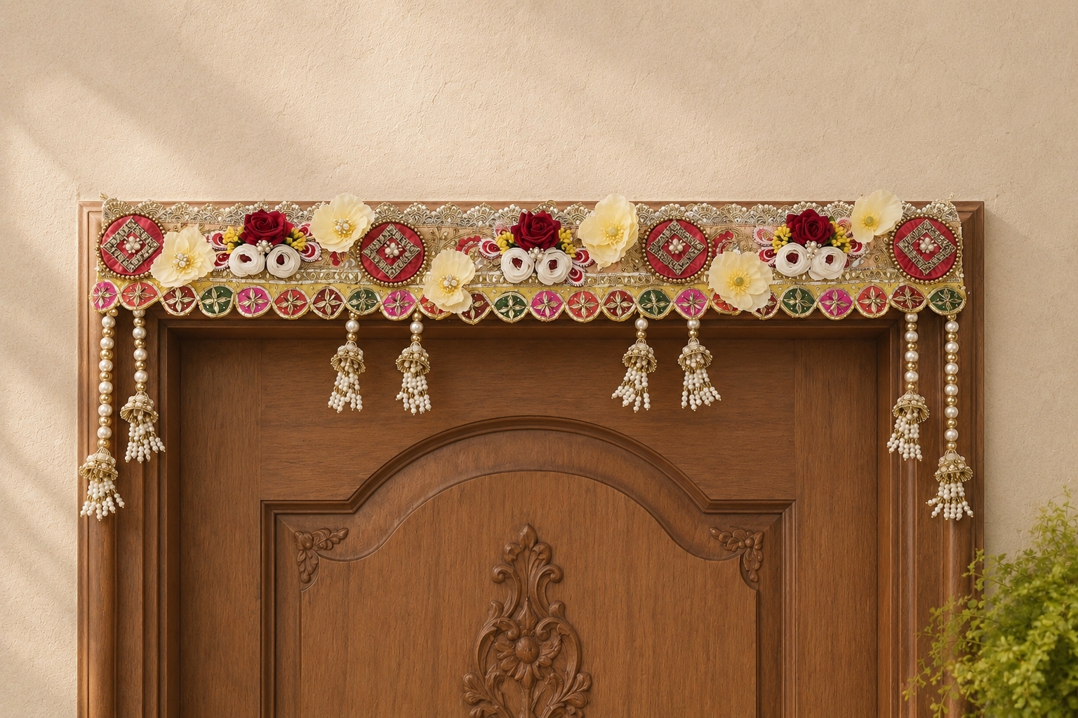 Embellished floral toran by Kanta Curators displayed on a wooden doorway