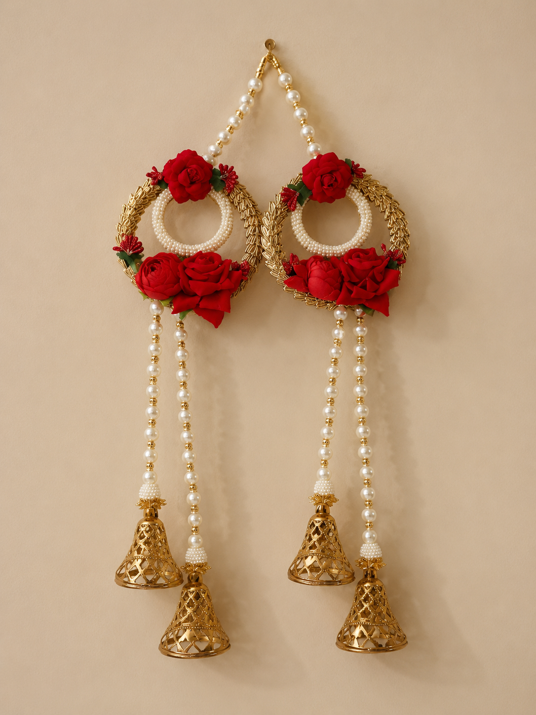 Red floral and pearl handcrafted wall hanging with bells