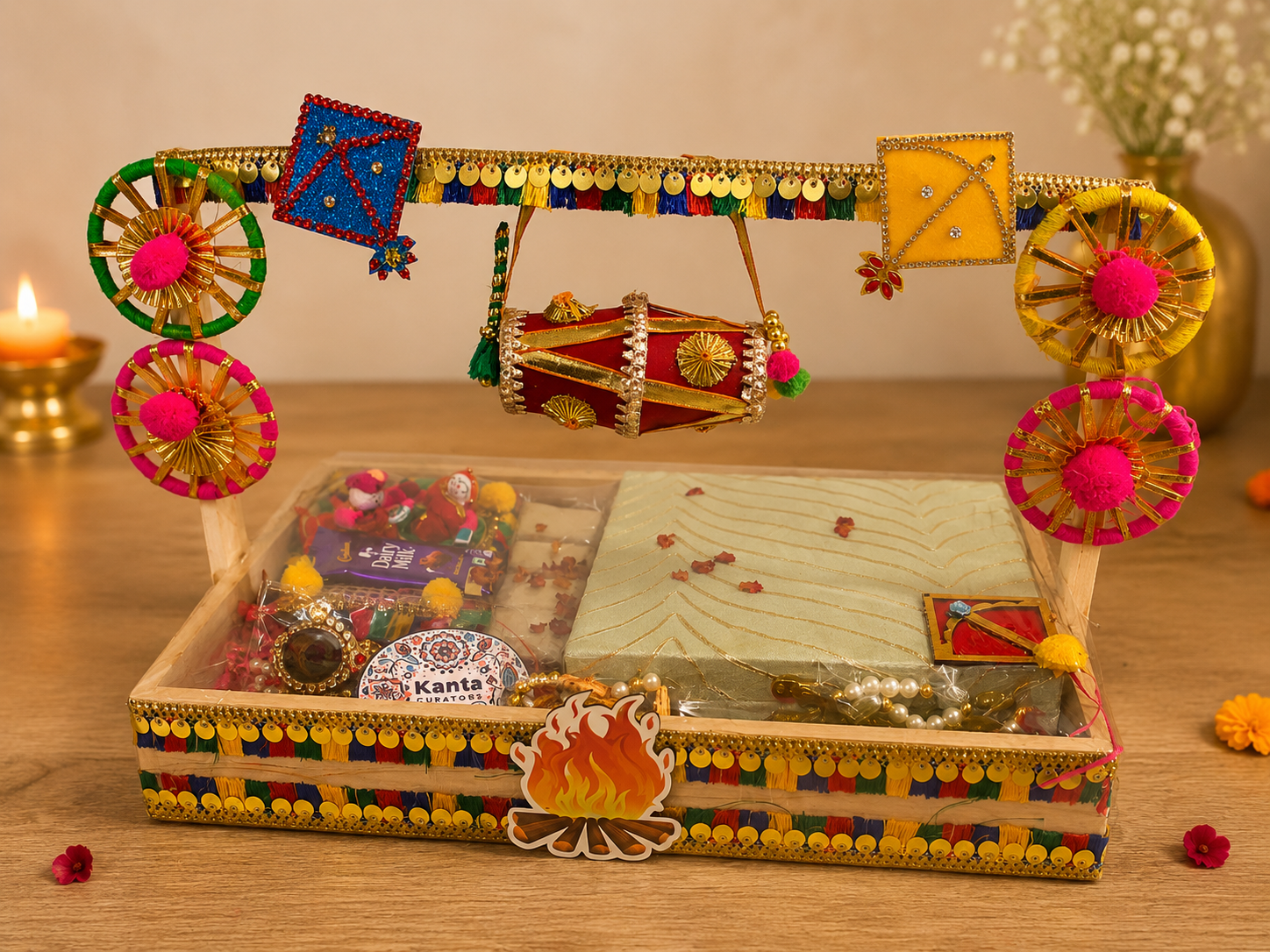 Colourful personalised gifting platter with handcrafted presentation details