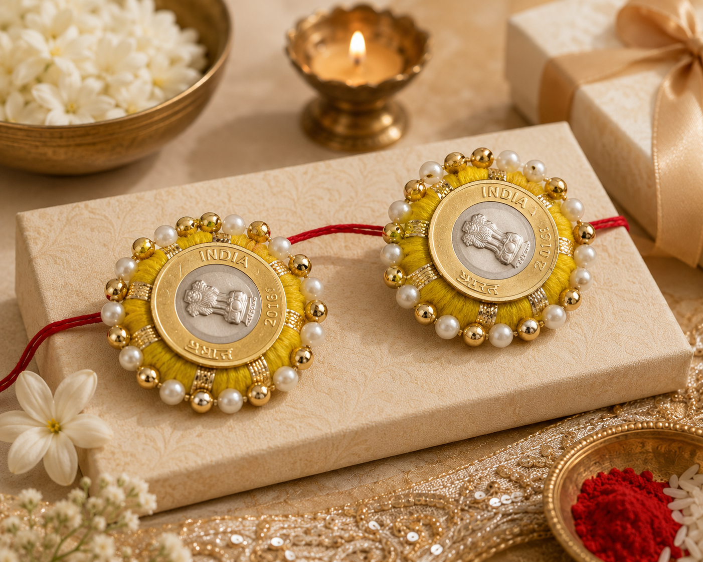 Decorative Indian coin gifts presented on a cream gift box