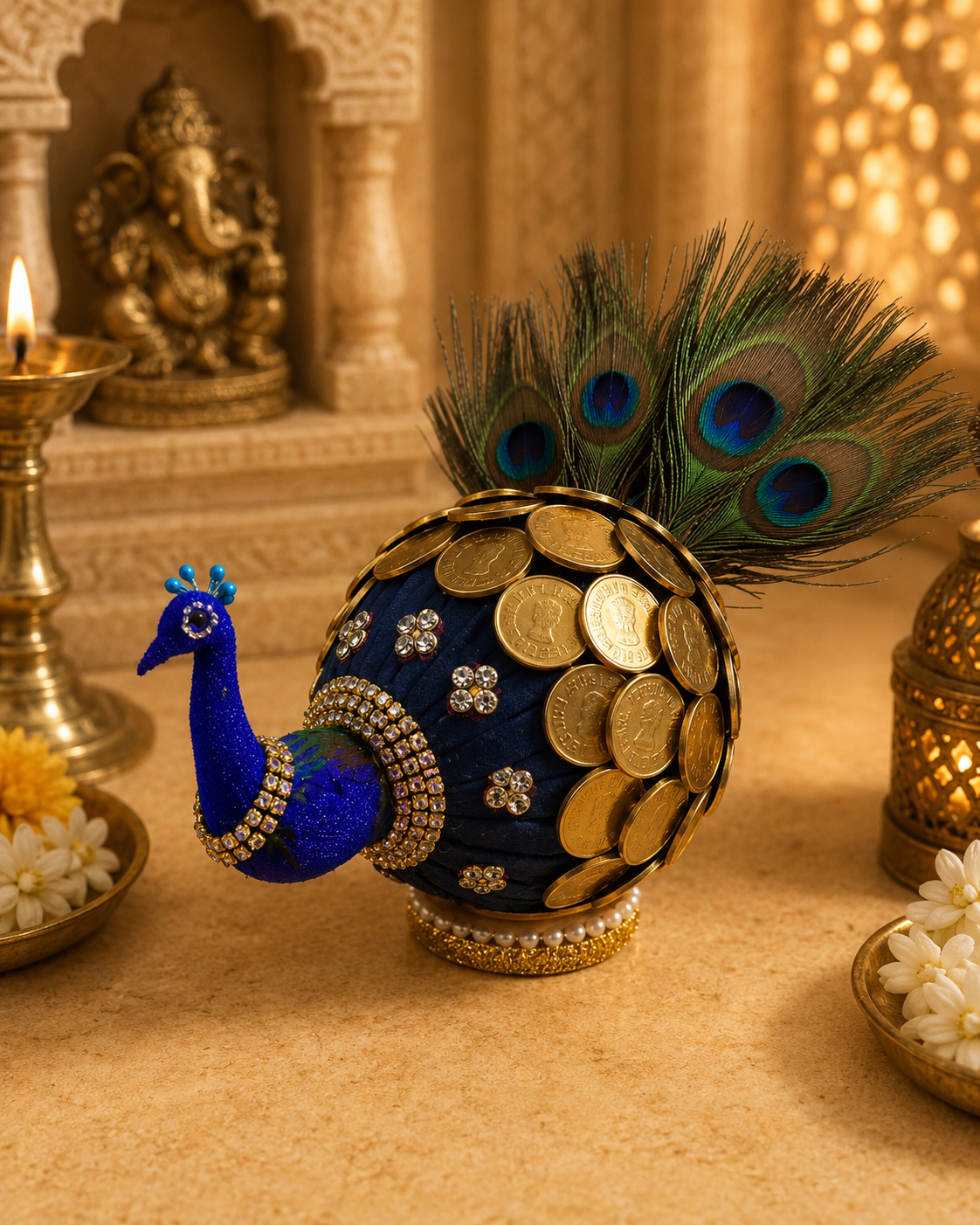 Blue handcrafted peacock coconut embellished with coins and feathers
