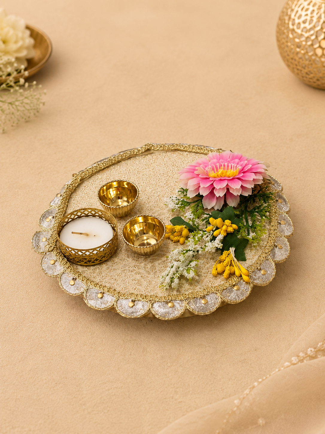 Gold-toned wedding ritual platter decorated with flowers